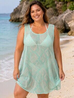 Hot Ginger Mint Ikat Beach Cover-Up / Boho Swim Cover-Up/Plus Size 3X